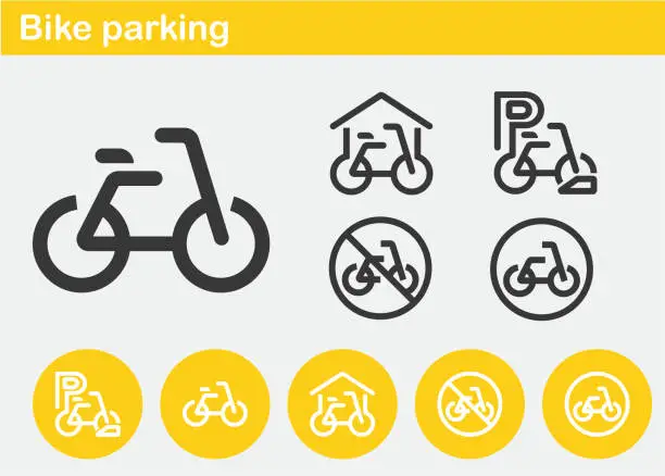 Vector illustration of Bike parking, Bicycle, Transport, Cycling, Cycle, 
Wheel, Driving, Sports, Sign, Symbol, Traffic, 
Riding, No or stop, prohibited ban stop, public transport place symbol Minimal Line Icons