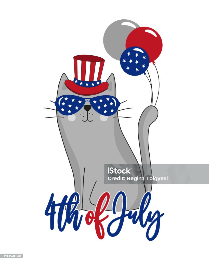4 Juli Kucing Kartun Lucu Bertopi Dan Dengan Balon Ilustrasi Stok