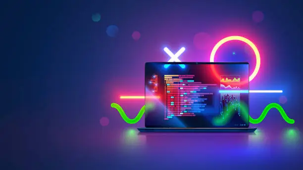 Vector illustration of Vector laptop with open screen on desk front view. Computer program code on screen laptop on table, abstract neon geometrical design elements. Programming, coding, software development concept banner.