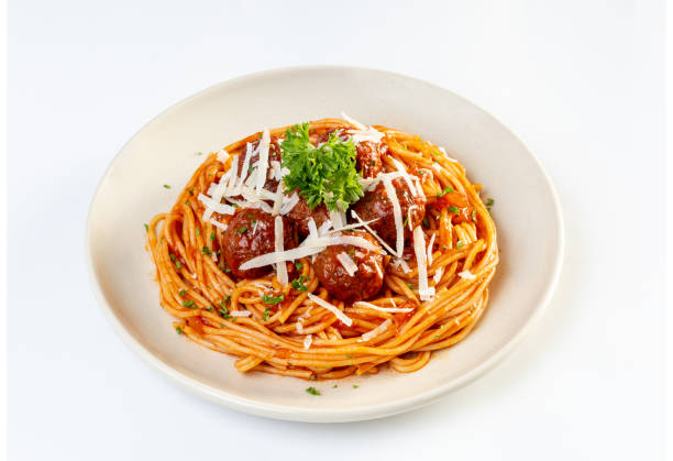 istock spaghetti with beef ball and tomato sauce on white background 1485027621