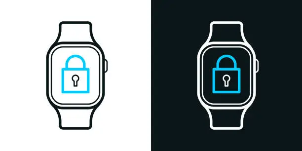 Vector illustration of Smartwatch with padlock. Bicolor line icon on black or white background - Editable stroke