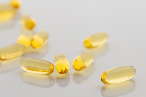 omega 3 pill, Oil filled capsules (softgel) of food supplements: fish oil, omega 3, omega 6, omega 9, vitamin A, vitamin D3,