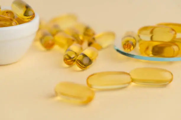 omega 3 pill, Oil filled capsules (softgel) of food supplements: fish oil, omega 3, omega 6, omega 9, vitamin A, vitamin D3,