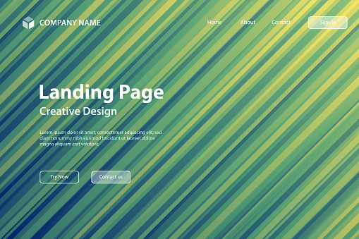 Landing page template for your website. Modern and trendy background with speed motion style. Abstract design with lots of diagonal lines and beautiful color gradients. This illustration can be used for your design, with space for your text (colors used: Yellow, Green, Blue). Vector Illustration (EPS file, well layered and grouped), wide format (3:2). Easy to edit, manipulate, resize or colorize. Vector and Jpeg file of different sizes.