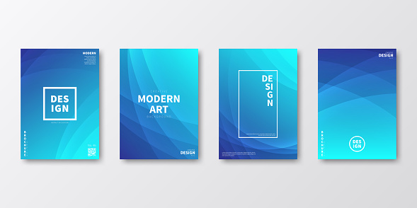 Set of four vertical brochure templates with modern and trendy backgrounds, isolated on blank background. Abstract illustrations with flowing curves and beautiful color gradient (colors used: Turquoise, Blue). Can be used for different designs, such as brochure, cover design, magazine, business annual report, flyer, leaflet, presentations... Template for your own design, with space for your text. The layers are named to facilitate your customization. Vector Illustration (EPS file, well layered and grouped). Easy to edit, manipulate, resize or colorize. Vector and Jpeg file of different sizes.