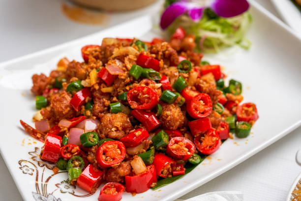 A plate of spicy and crispy fried chicken with crispy double peppers