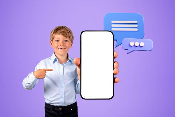 istock Little boy showing blank smartphone screen 1485035265