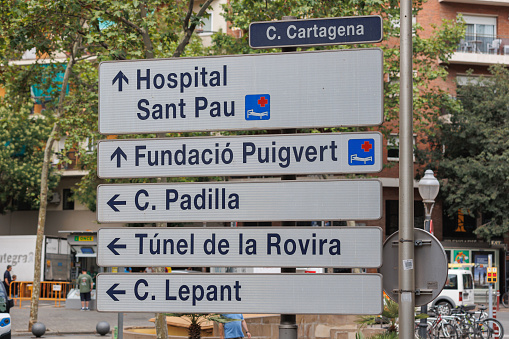 Street Sign displaying some Main Roads in Barcelona, Spain.