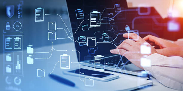 istock Businesswoman finger typing and document management system hologram 1485035718