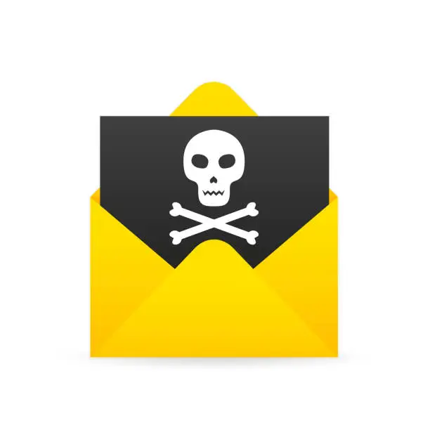 Vector illustration of Open envelope and black document with skull icon. Concept of virus, piracy, hacking and security. Virus, malware, email fraud, e-mail spam, phishing scam, hacker attack. Vector illustration