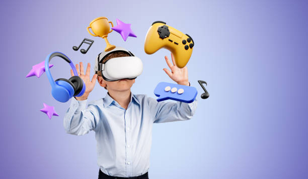 istock Boy in VR glasses, online entertainment 1485037488
