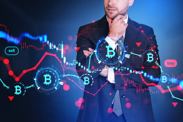 Businessman with pensive portrait tablet, red bitcoin chart with Businessman standing with thoughtful look, virtual screen with bitcoin chart, red candlesticks and glowing lines hud. Concept of cryptocurrency and trading. Cryptocurrency stock pictures, royalty-free photos & images