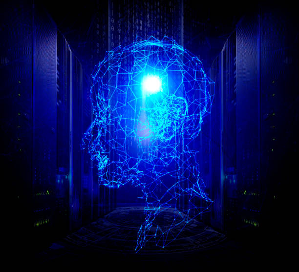 istock 3D render Artificial intelligence human head made of plexus particles on background of data center computing equipment. 1485037563