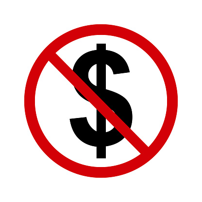 No money sign. Forbidding sign, no cash payment. Red slashed circle with dollar sign silhouette inside. Cash payment is not allowed. Prohibition to pay with dollars. Round red stop cash sign