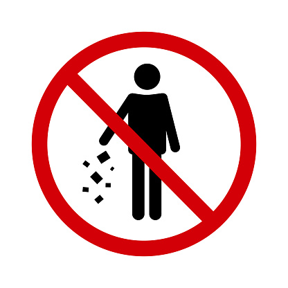No litter sign. Prohibition sign, do not throw garbage. A red crossed circle with silhouette, human being throws garbage. Littering is not allowed. Prohibit littering. Round red stop litter sign
