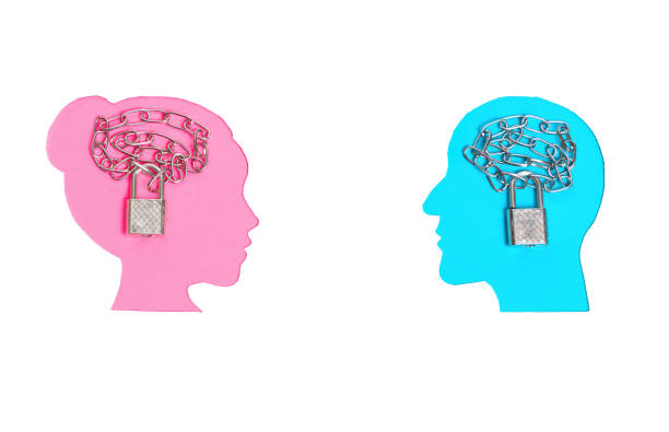 istock Male and Female Face Profiles with Chained Padlocks 1485040696