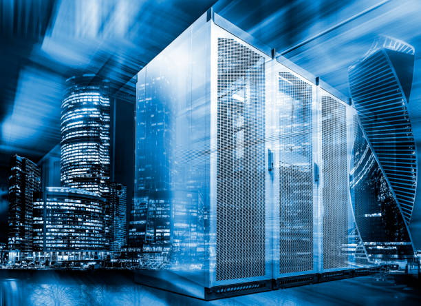 istock 3D render concept of smart city, big data, information technologies, a modern metropolis. Server racks of a data center against the background of business buildings of a modern city. 1485040867