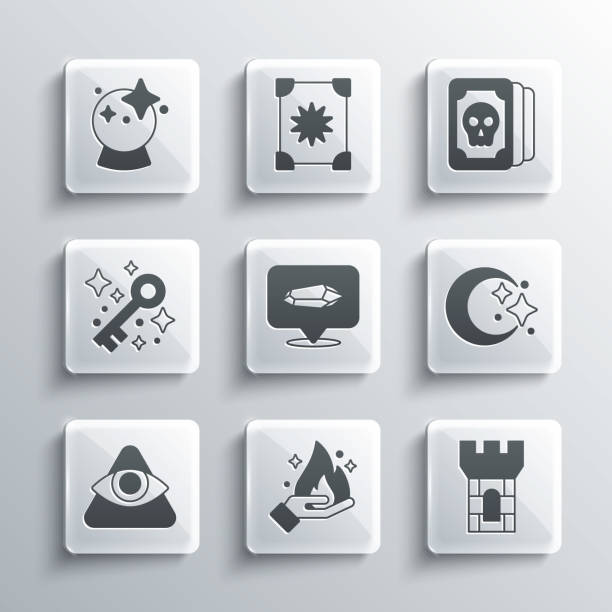 Set Hand holding fire, Castle tower, Moon stars, Magic stone, All-seeing eye of God, Old magic key, ball and Tarot cards icon. Vector Set Hand holding fire Castle tower Moon stars Magic stone All-seeing eye of God Old magic key ball and Tarot cards icon. Vector. providence house stock illustrations