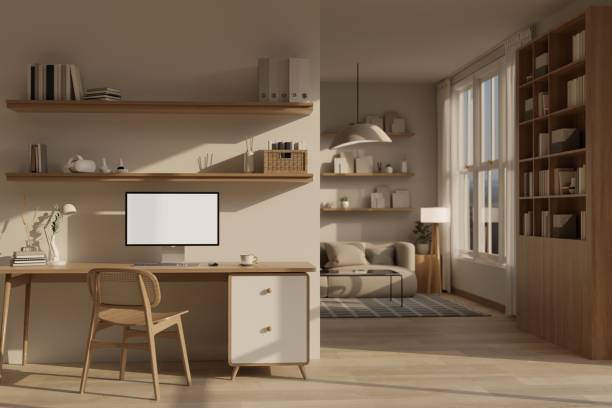 istock Computer white screen mockup with decor on a wooden table in cozy minimal home workspace 1485042540