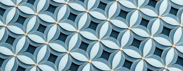 Abstract geometric beautiful background. Shiny ceramic blue tiles with golden elements. Banner pattern design. 3d render illustration.
