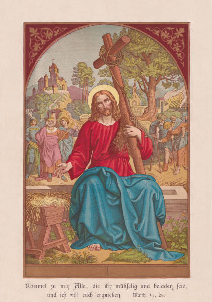 jezus odkupiciel (mt 11, 28), chromolitograf, opublikowany w 1898 - chrystus the odkupiciel stock illustrations