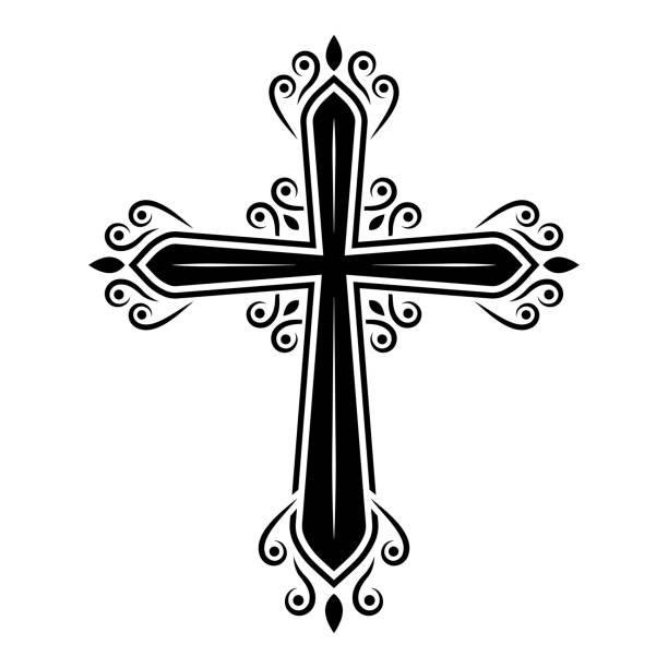 krzyż religijny, ikona krucyfiksu. katolicki, chrześcijański ozdobny krzyż. dekoracyjny kościół, religia, gotyckie symbole. ilustracja wektorowa. - silhouette cross shape ornate cross stock illustrations