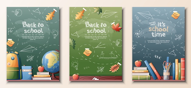 School banners set. Back to school, knowledge, education. Posters with school textbooks, books, backpack, paints. Vector set of a4 size flyers.