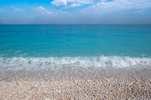 The most famous beach on Kefalonia (Cephalonia), Myrtos. Crystal clear water.