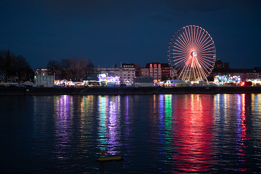 Fairground on the banks of the River Rhine in Cologne, Germany