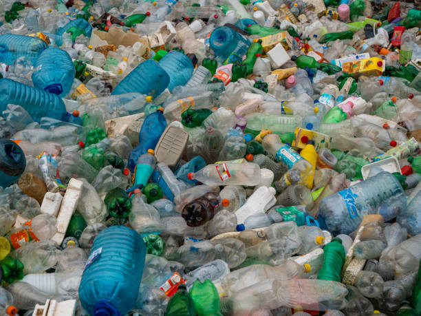 top down: triste vista di bottiglie di plastica incolpate e altri rifiuti gettati nella natura - pilled foto e immagini stock