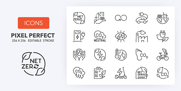 Set of thin line icons of  net zero and sustainable development. Outline symbol collection. Editable vector stroke. 256x256 Pixel Perfect scalable to 128px, 64px...