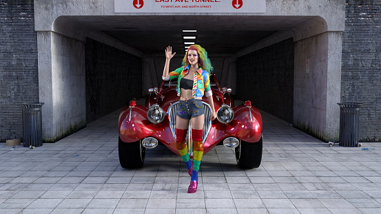 3d illustration of a woman wearing rainbow color clothing in front an old car waving with a city subway tunnel in the background.