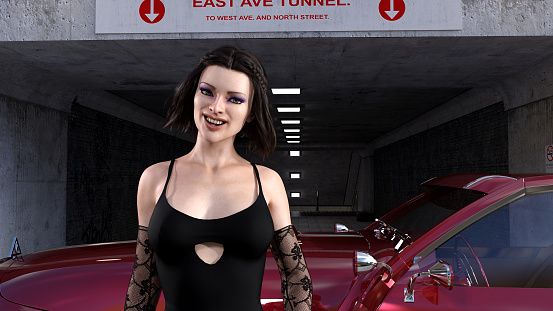 3d illustration of a woman standing and smiling wearing a black dress with long lace gloves in front an old car with a city subway tunnel in the background.