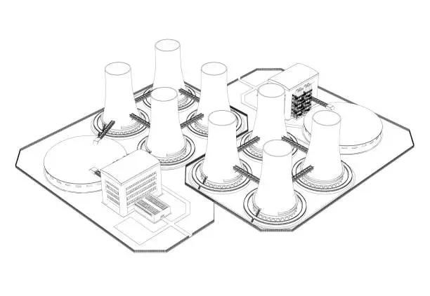 Vector illustration of Outline of a nuclear power plant from black lines isolated on a white background. Isometric view. 3D. Vector illustration.