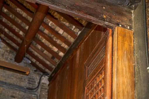Close-up of indoor wooden ceiling of ancient Chinese building