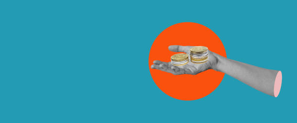 istock Art collage, the hand with coins on blue background with space for text. 1485057223