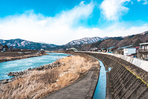 Toyama, Japan countryside rural area in Gifu prefecture, Hida with Ida river blue water