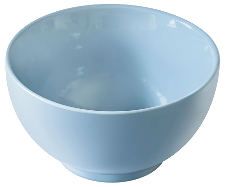 Empty light blue ceramic Cereals Bowl, isolated on white background, side view.