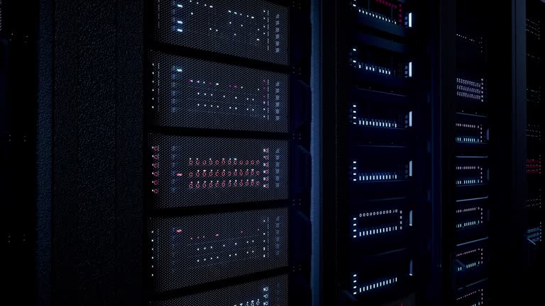 Artificial Intelligence Concept - Data Center And Shots Multiple Rows Of Fully Operational Server Racks in Server Room - Computer Network Security Concept - 4K Resolution