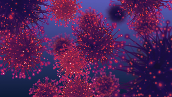 Viruses or microbes, jellyfish, invertebrate organisms. Covid-19 novel coronavirus SARS CoV-2. Pink, red, blue background.