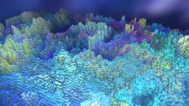 Abstract 3D digital landscape background. Geometric terrain. Cubes affected by fractal turbulence. Pixel sorting. Glitch art. Underwater colors.