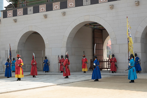 Touring in South Korea, beautiful and romantic in Seoul Korea.Walk in Gyeongbokgung Palace in South Korea wearing traditional Hanbok