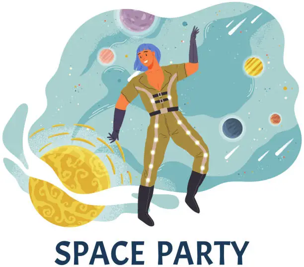 Vector illustration of Animators at birthday in cosmic style. Theme party in costumes. People in costumes have fun at space party poster