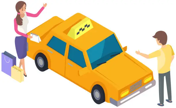 Vector illustration of Female character ordering passenger transport. Lady with shopping bags near yellow taxi service car