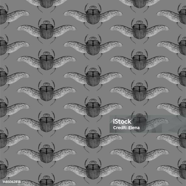 Bug Pattern Grey Grey Seamless Pattern With Digital Watercolor Beetles Stock ...