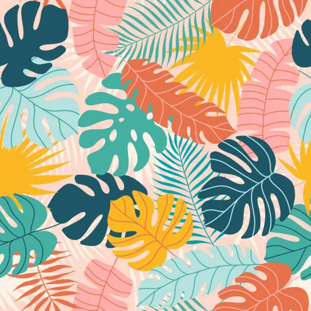 Vector illustration of Vector seamless pattern with hand drawn tropical leaves, collage contemporary. Jungle pattern. Modern trendy design for paper, cover, fabric, interior decor, clothes, wrapping paper.