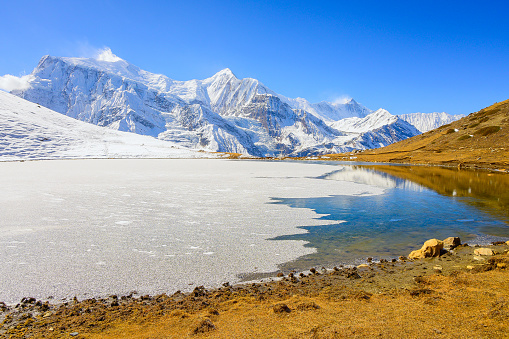 The Ice Lake is a high alpine lake near Manang in Nepal. The lake is situated at 4.620 m and due to high elevation is often frozen. It is locally known as Kicho Tal.\nThe Ice Lake can be accessed from Manang or Braka villages. It serves as a great acclimatization hike and is considered to be one of the major highlights of the Annapurna Circuit Trek. View from there is really breathtaking, with Annapurna III and Gangapurna dominating the skyline.\nIce Lake, Braka, Manang, Nepal, Asia.