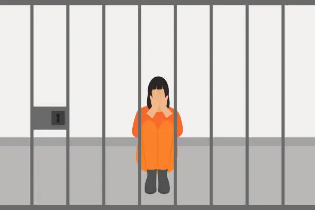 Vector illustration of Sad Woman In Prison Uniform Sitting On The Floor Of Jail