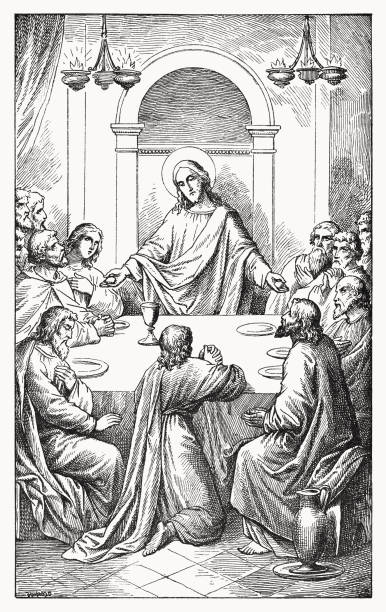 perjamuan terakhir (lukas 22, 19), ukiran kayu, diterbitkan tahun 1898 - maundy-thursday ilustrasi stok
