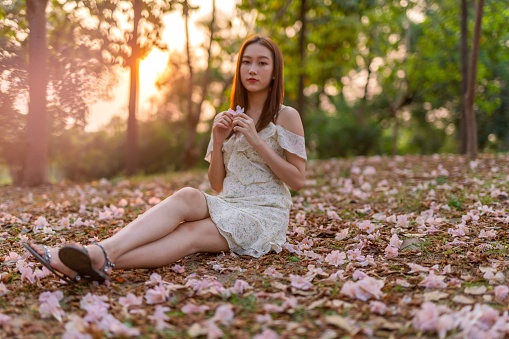 Portrait photo of young asian woman enjoying her relax time in a lush greenery park during sunset moment. Half body shot. Beautiful asian woman